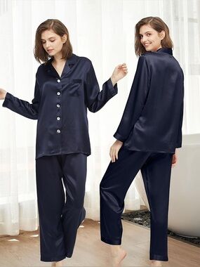 LILYSILK Navy Full Length 100% Mulberry Silk Women Pajamas Set, NWT, size L